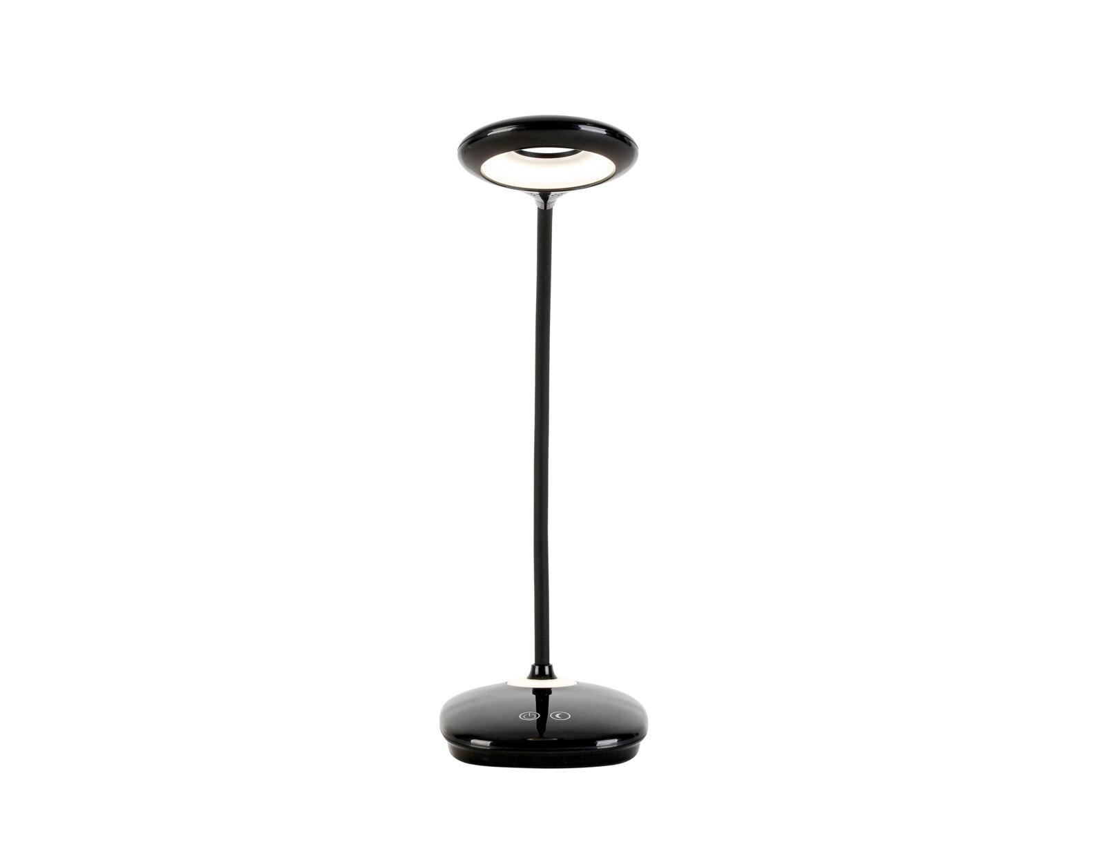 Schwarze LED-Schreibtischleuchte mit rundem Lampenkopf und schlankem Hals, frontal abgebildet.
