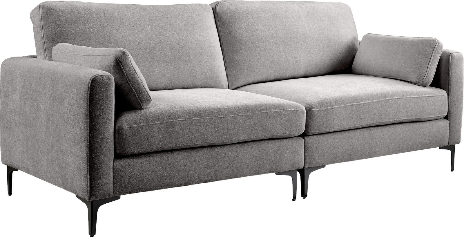 MID.YOU 3,5-zitsbank VENTI Graues 2-Sitzer-Sofa mit weichem Stoffbezug, zwei Sitz- und Rückenkissen, schmalen schwarzen Metallfüßen und zwei kleinen Armlehnenkissen, in schräger Vorderansicht von links freigestellt auf weißem Hintergrund.