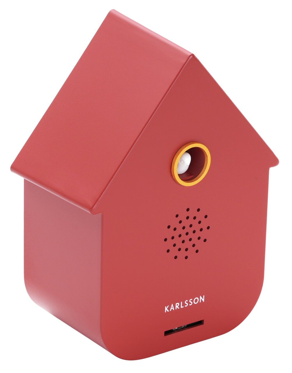 Rote, moderne Soundbox in Form eines Hauses, seitliche Perspektive
