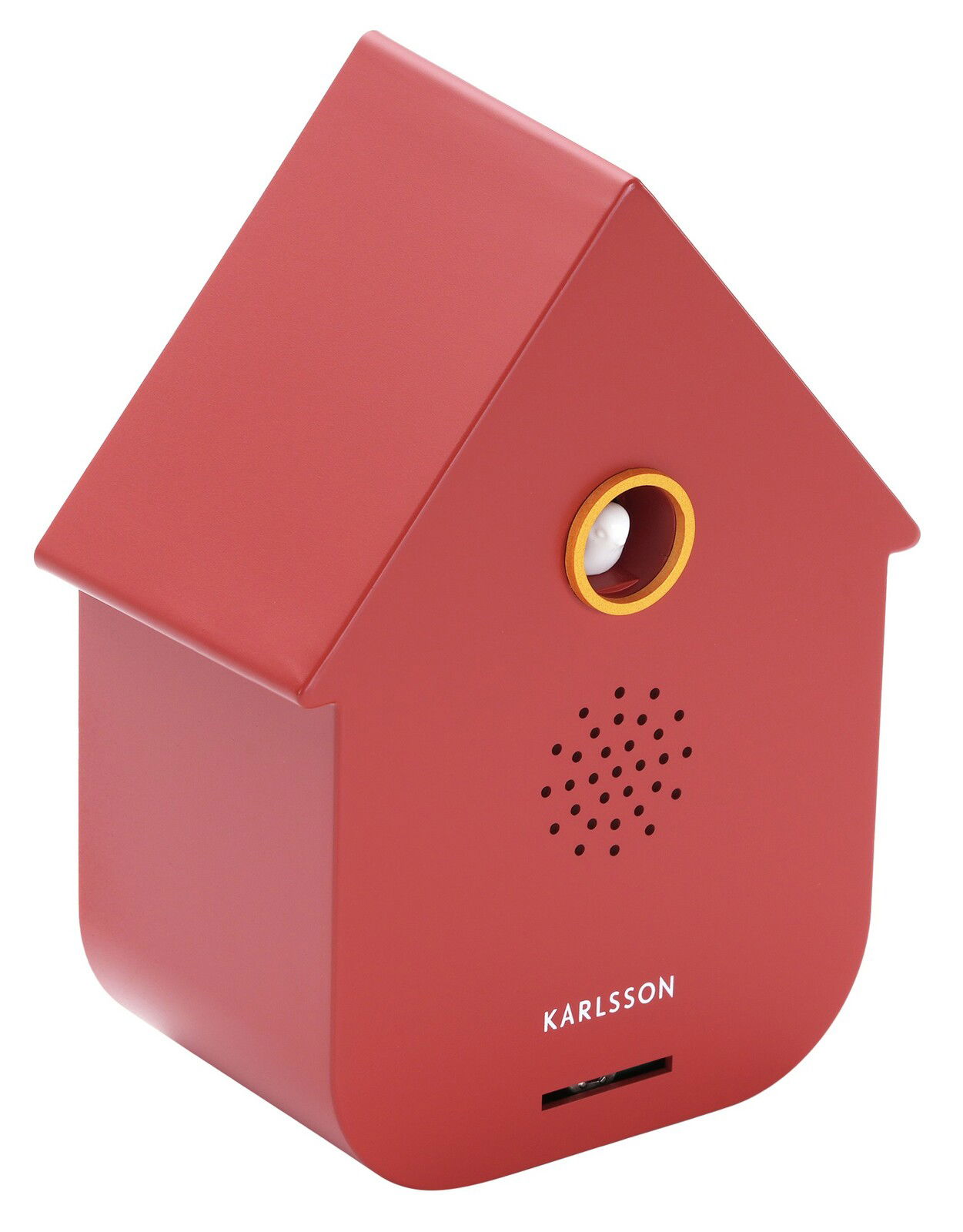 Rote, moderne Soundbox in Form eines Hauses, seitliche Perspektive