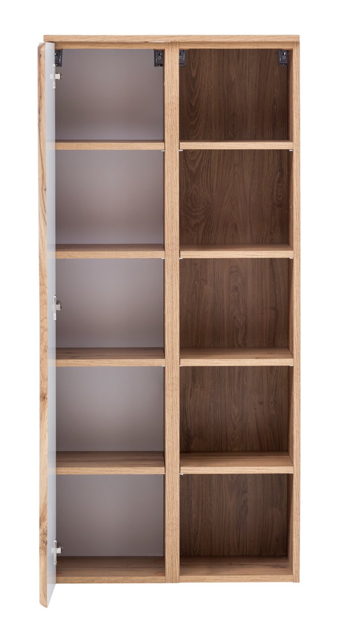 Open middenkast met houten legplanken, linkerdeur open, vooraanzicht