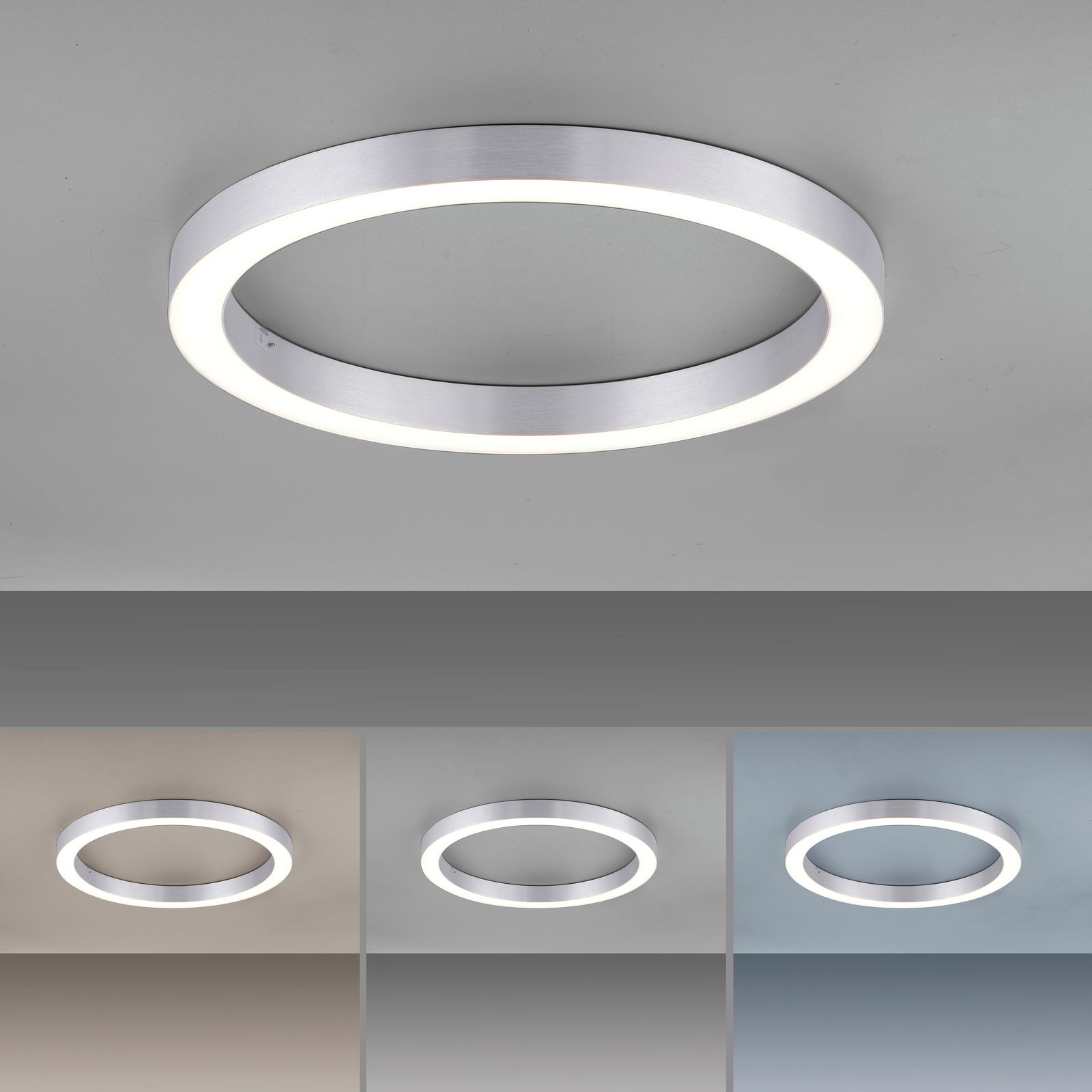 Moderne runde Deckenleuchte aus Metall mit LED-Beleuchtung, von unten betrachtet.