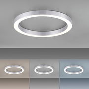 Moderne runde Deckenleuchte aus Metall mit LED-Beleuchtung, von unten betrachtet.