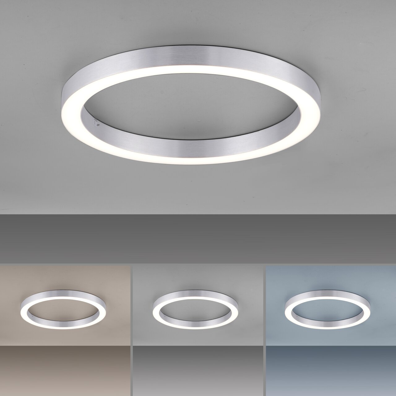 Moderne runde Deckenleuchte aus Metall mit LED-Beleuchtung, von unten betrachtet.