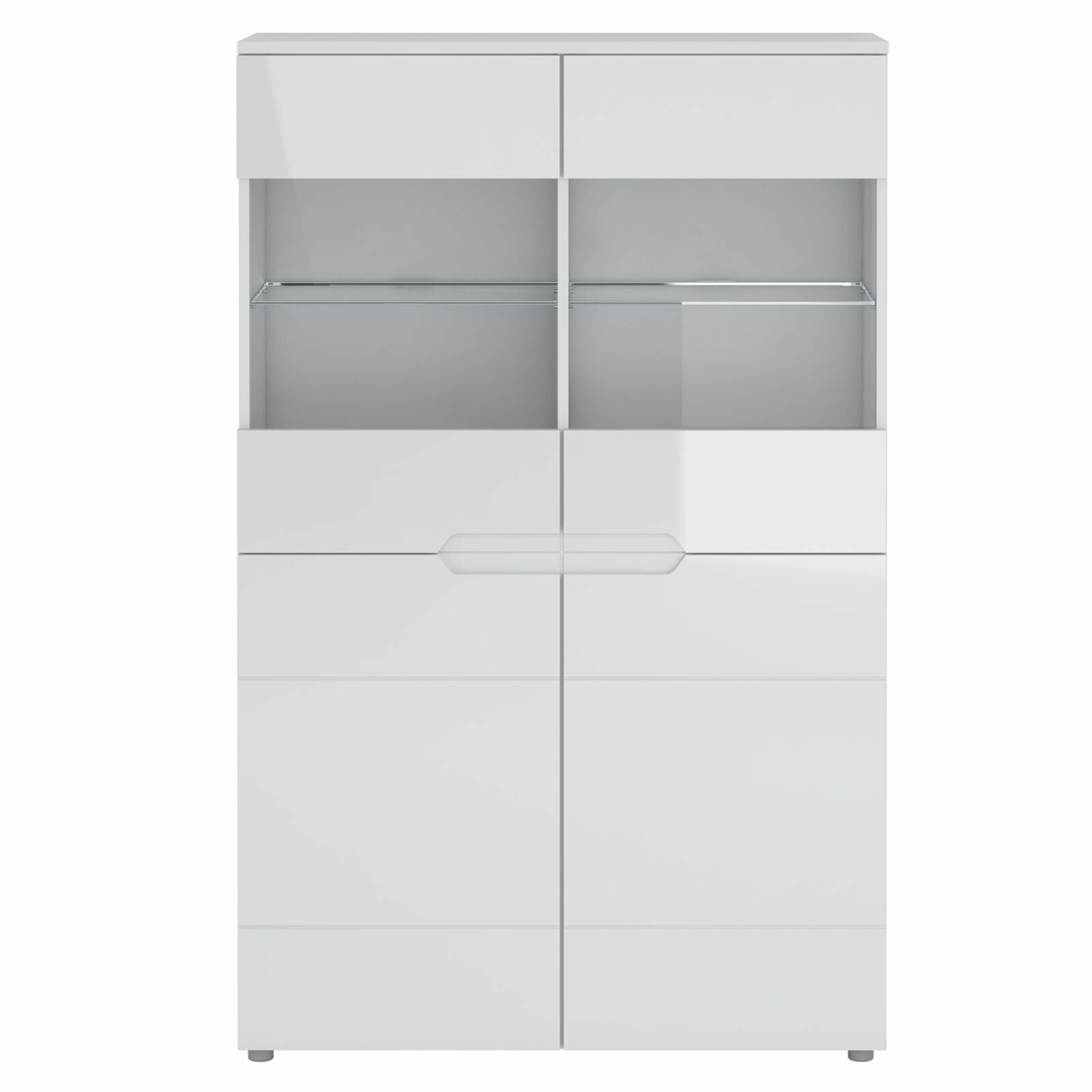 Frontansicht einer modernen weißen Highboardvitrine mit Glaseinsätzen und mehreren Fächern.