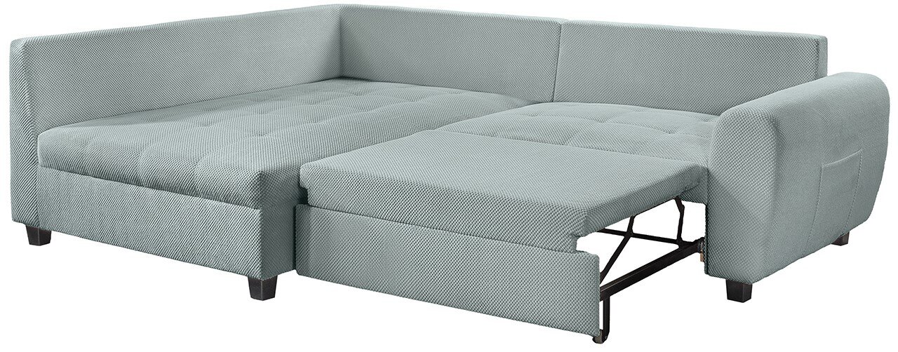 Graue Rundecke (L) mit ausziehbarem Bett, Perspektive von vorne links