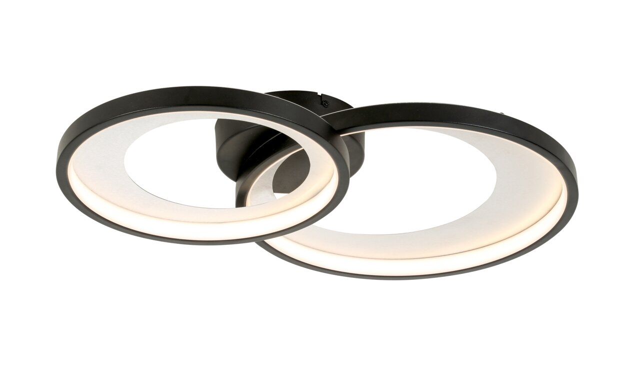 Novel LED-plafondlamp DECKENLEUCHTE Moderne led-plafondlamp met twee overlappende ringen in een zwart ontwerp, gezien vanaf de zijkant.