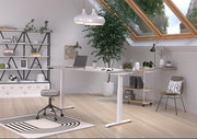 Moderner höhenverstellbarer E-Schreibtisch in einem stilvollen, hellen Arbeitszimmer mit Dachfenster, Pflanzen und Regalen, seitliche Perspektive.