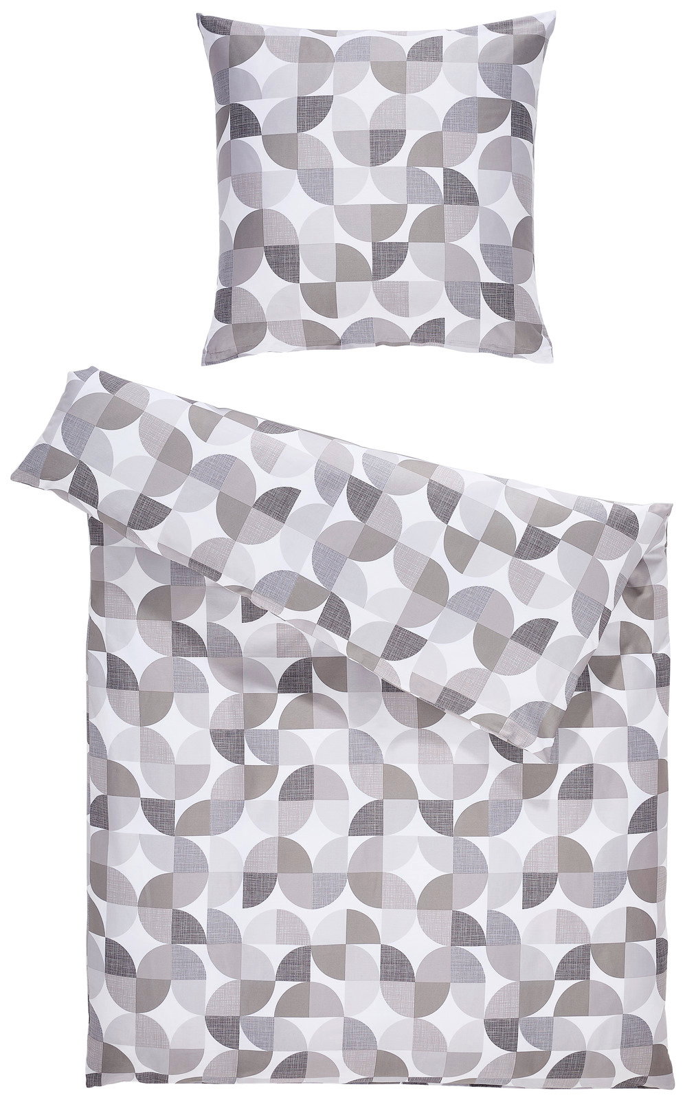 Bettwäsche-Set mit geometrischem Muster in Grau- und Weißtönen, bestehend aus einem Kissenbezug und einem Bettdeckenbezug, aus der Vogelperspektive fotografiert.