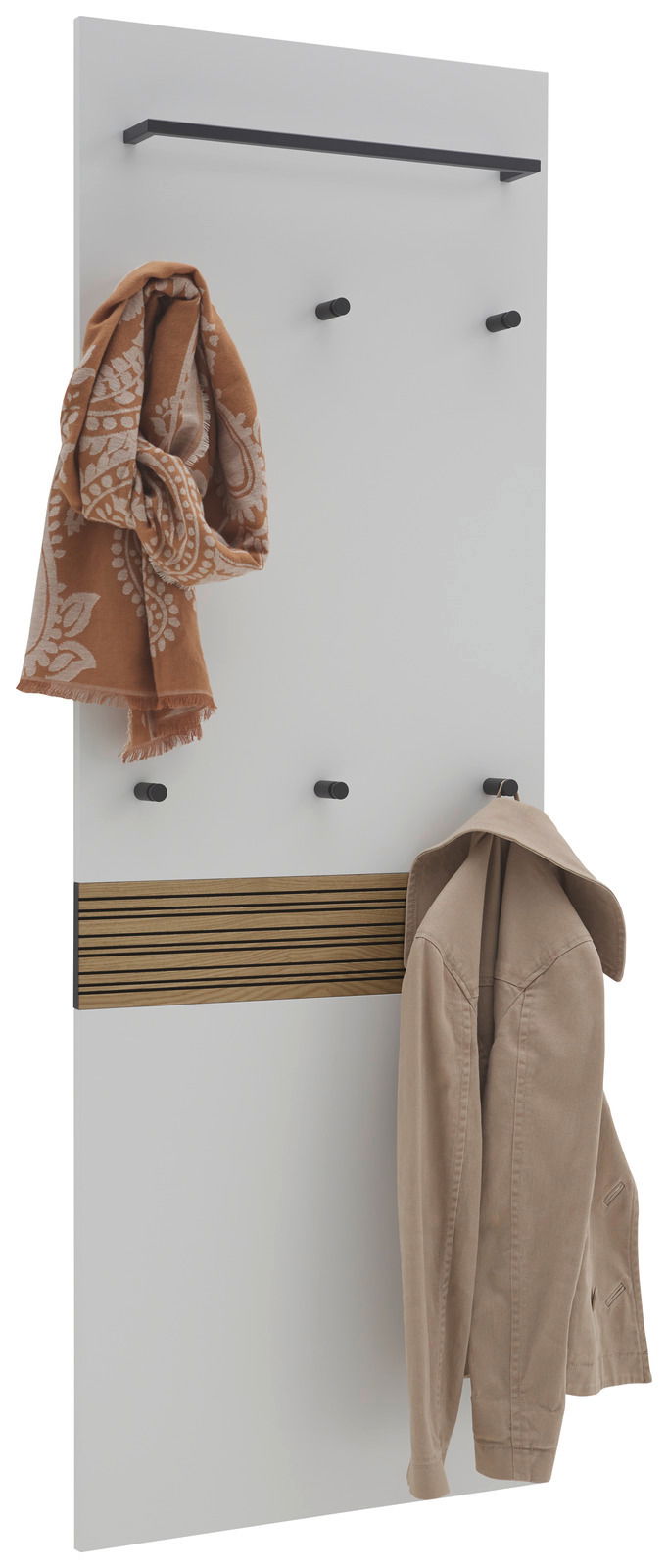 Dieter Knoll XL-Garderobenpaneel ARCO NOVA XL-Garderobenpaneel mit mehreren Haken, einem oberen Regal und einer dekorativen Holzleiste, seitliche Perspektive.