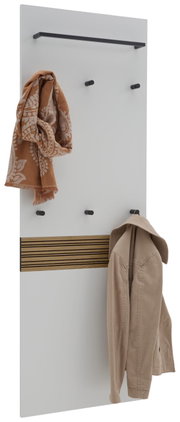 XL-Garderobenpaneel mit mehreren Haken, einem oberen Regal und einer dekorativen Holzleiste, seitliche Perspektive.
