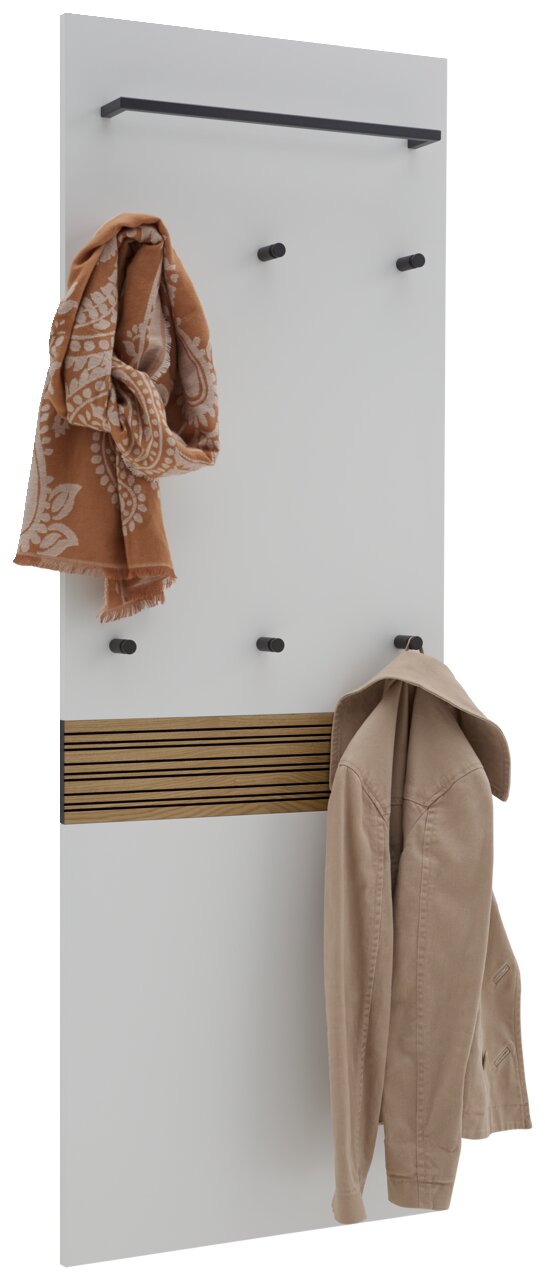 Dieter Knoll XL-Garderobenpaneel ARCO NOVA XL-Garderobenpaneel mit mehreren Haken, einem oberen Regal und einer dekorativen Holzleiste, seitliche Perspektive.