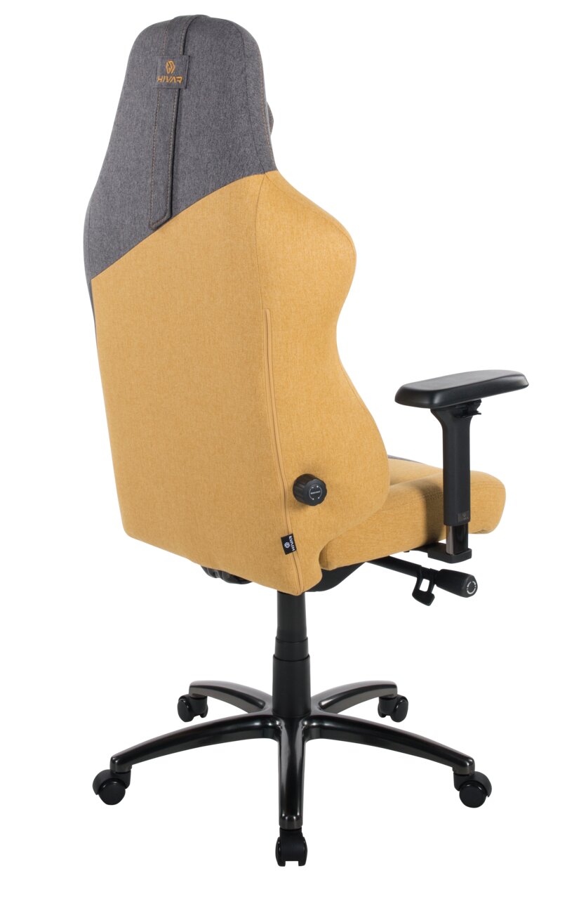 HIVAR Gaming Stuhl SKYLAR XL Rückansicht eines Gaming-Stuhls mit gelber und grauer Polsterung, verstellbaren Armlehnen und schwarzem Fußkreuz.