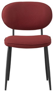 Roter Stuhl mit gepolsterter Sitzfläche und Rückenlehne, schwarze Metallbeine, Frontalansicht