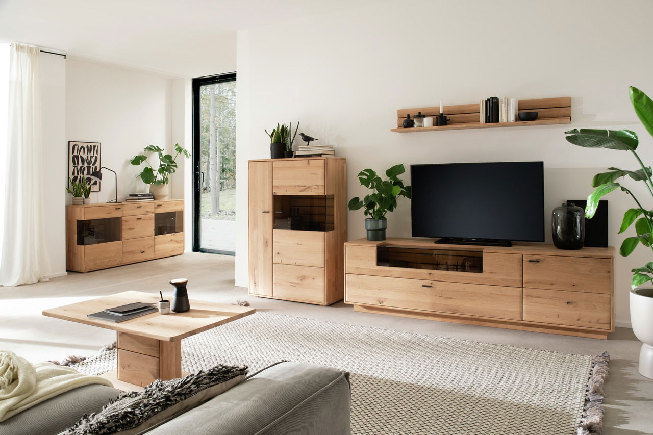 Modernes Wohnzimmer mit Sideboard aus Holz, dekoriert mit Pflanzen und einem Fernseher, seitliche Perspektive.