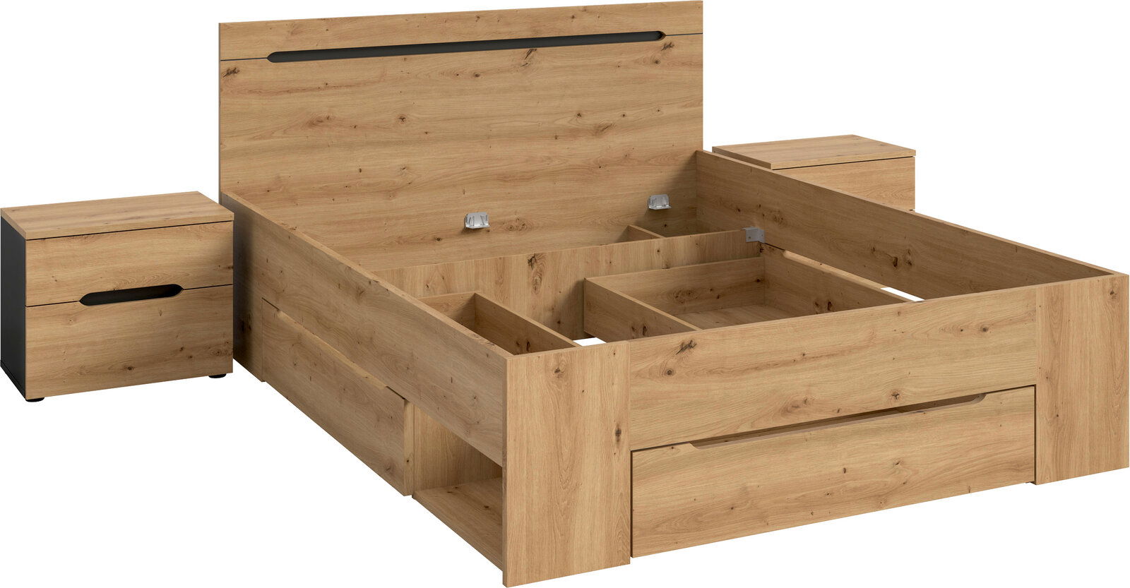 Holzbettgestell in Eiche-Optik mit hohem Kopfteil, integriertem Stauraum und passendem Nachttisch, dargestellt in schräger Frontansicht von links
