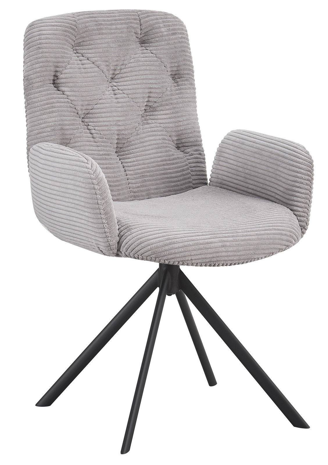 Grauer Armlehnstuhl mit gestepptem Rücken und modernen schwarzen Metallbeinen, seitliche Perspektive