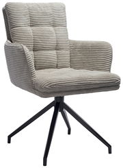 Grauer Armlehnstuhl mit gestepptem Stoffbezug und schwarzem Metallgestell, seitliche Perspektive