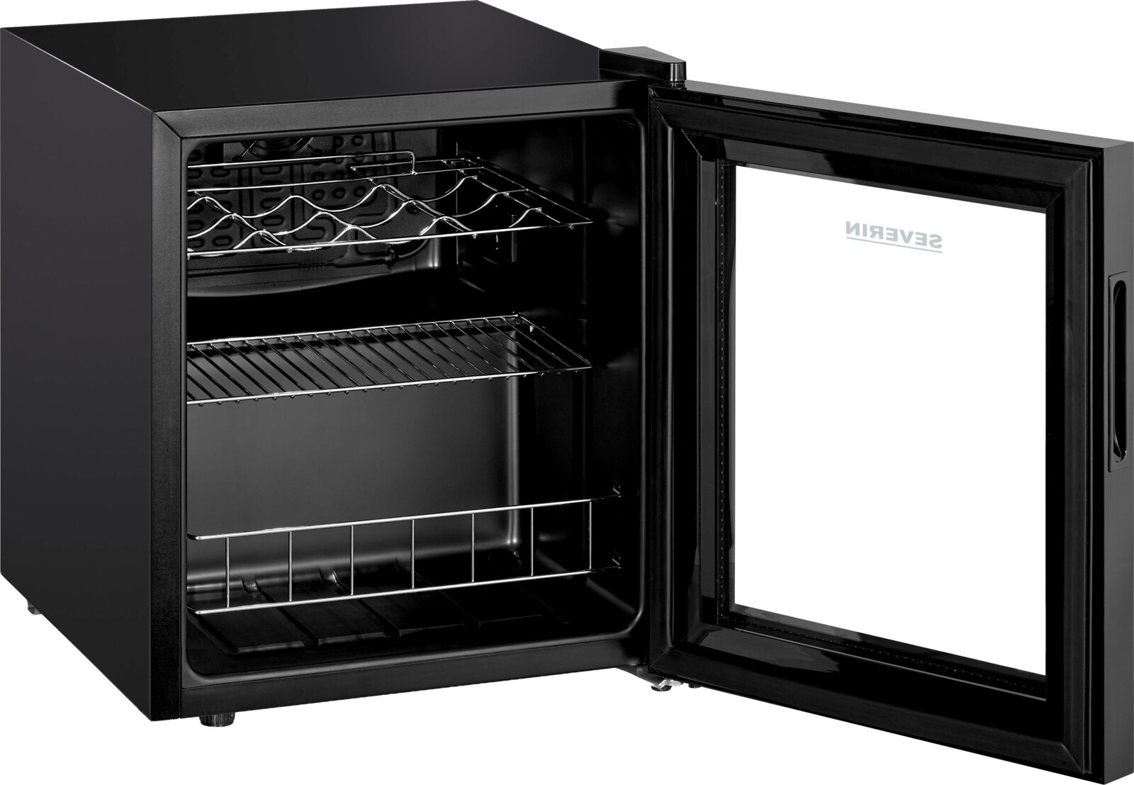 Schwarzer Mini-Kühlschrank/Weinkühler mit geöffneter Glastür, Innenraum mit Drahtablagen und Flaschenhalter, Produktansicht schräg von vorne rechts
