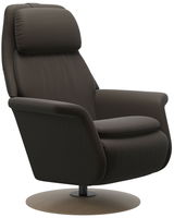 Moderner brauner Fernsehsessel mit runder Basis, seitliche Perspektive