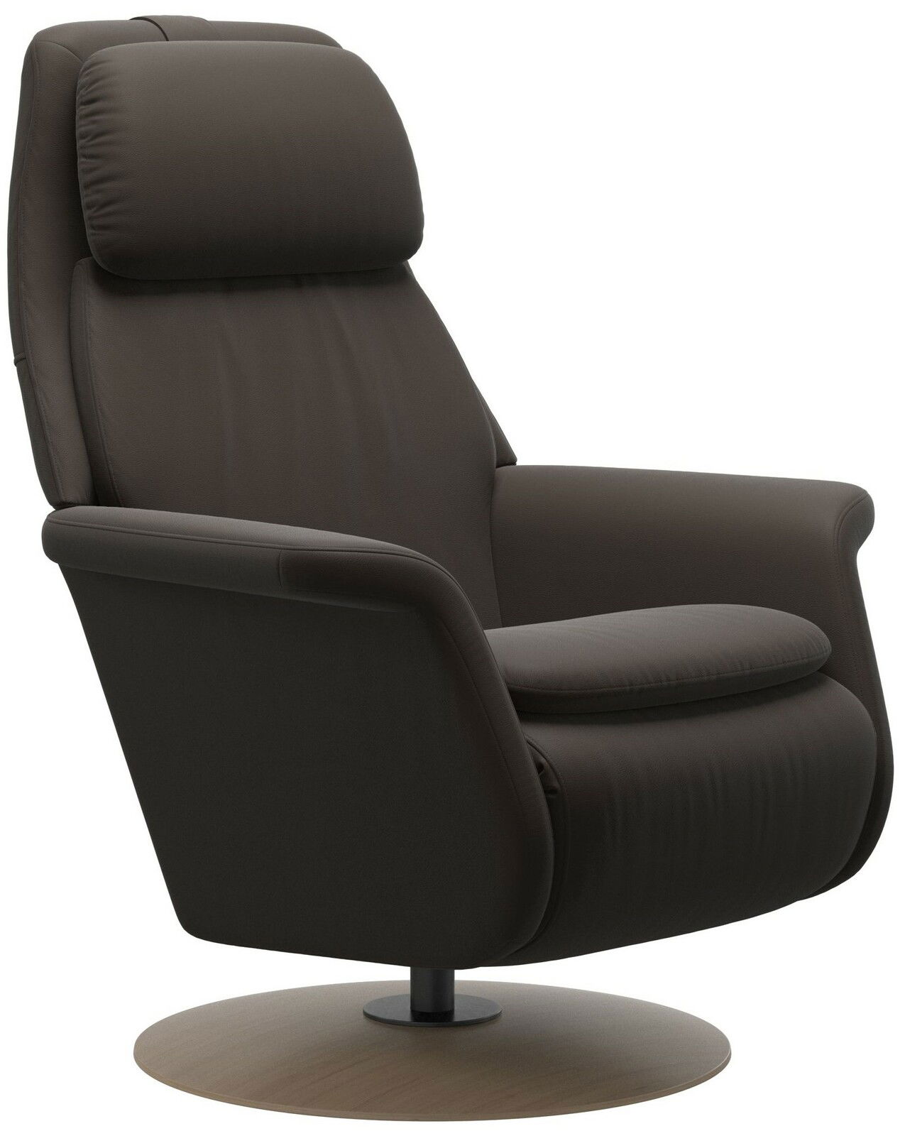Moderner brauner Fernsehsessel mit runder Basis, seitliche Perspektive