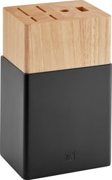 Messerblock aus Holz und schwarzem Material, seitliche Perspektive