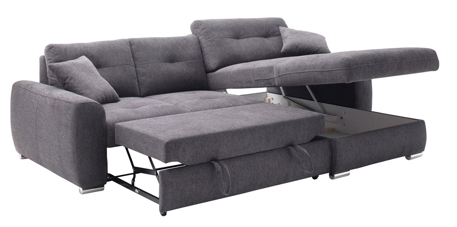 Graues Ecksofa mit ausziehbarer Schlaffunktion und Stauraum, seitliche Perspektive