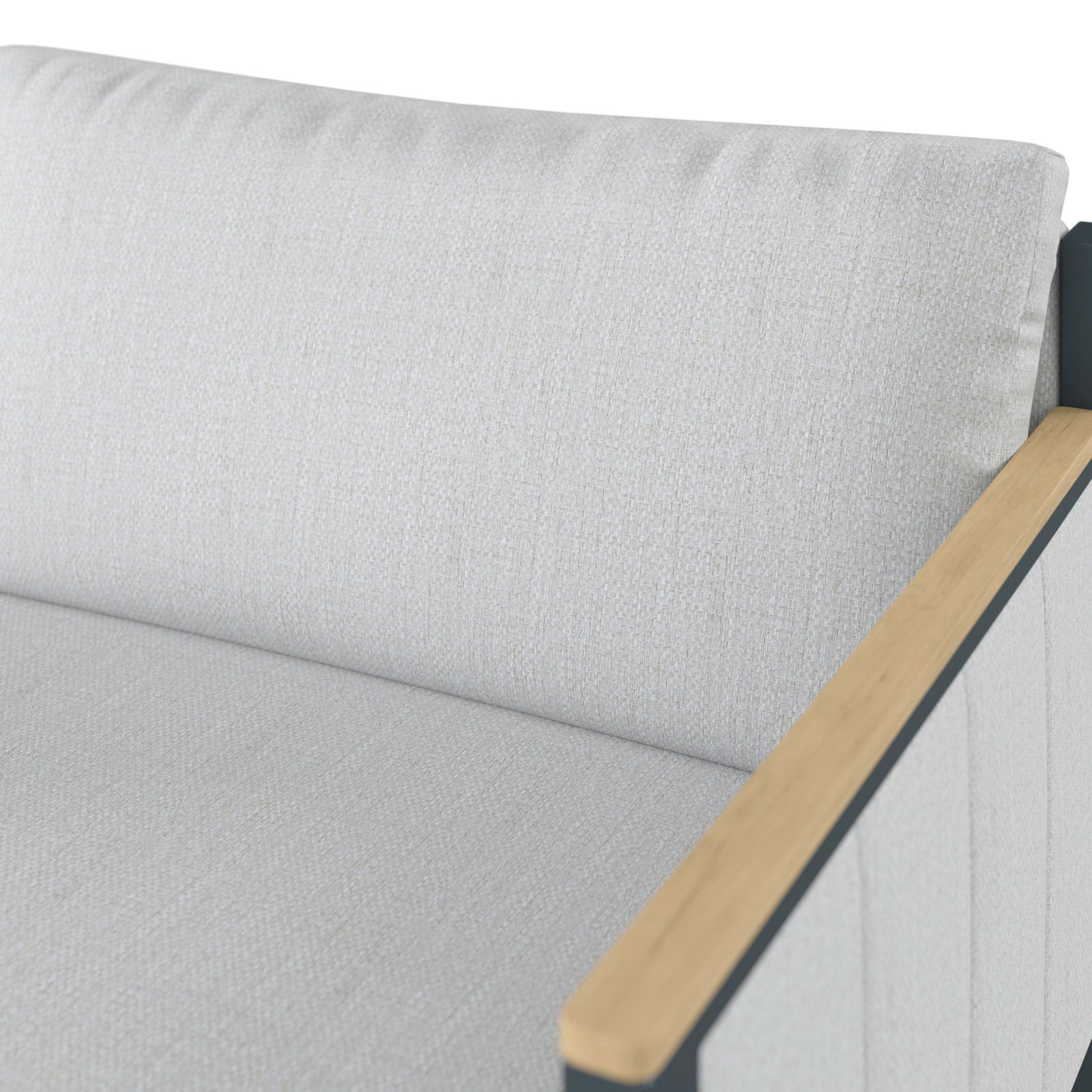 Detailansicht eines Lounge-Sofas mit hellem Stoffbezug und einem Armteil aus Holz auf der rechten Seite.
