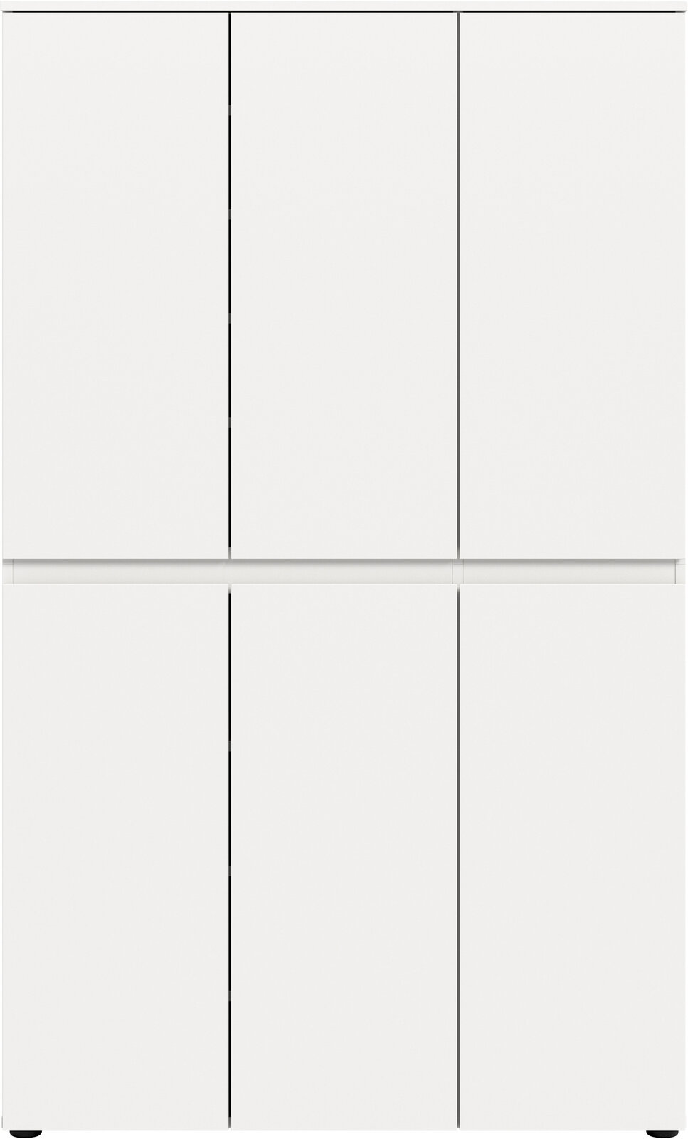 Weißer, minimalistischer Schrank mit sechs glatten Türen ohne Griffe, frontale Ansicht.