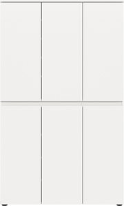 Weißer, minimalistischer Schrank mit sechs glatten Türen ohne Griffe, frontale Ansicht.