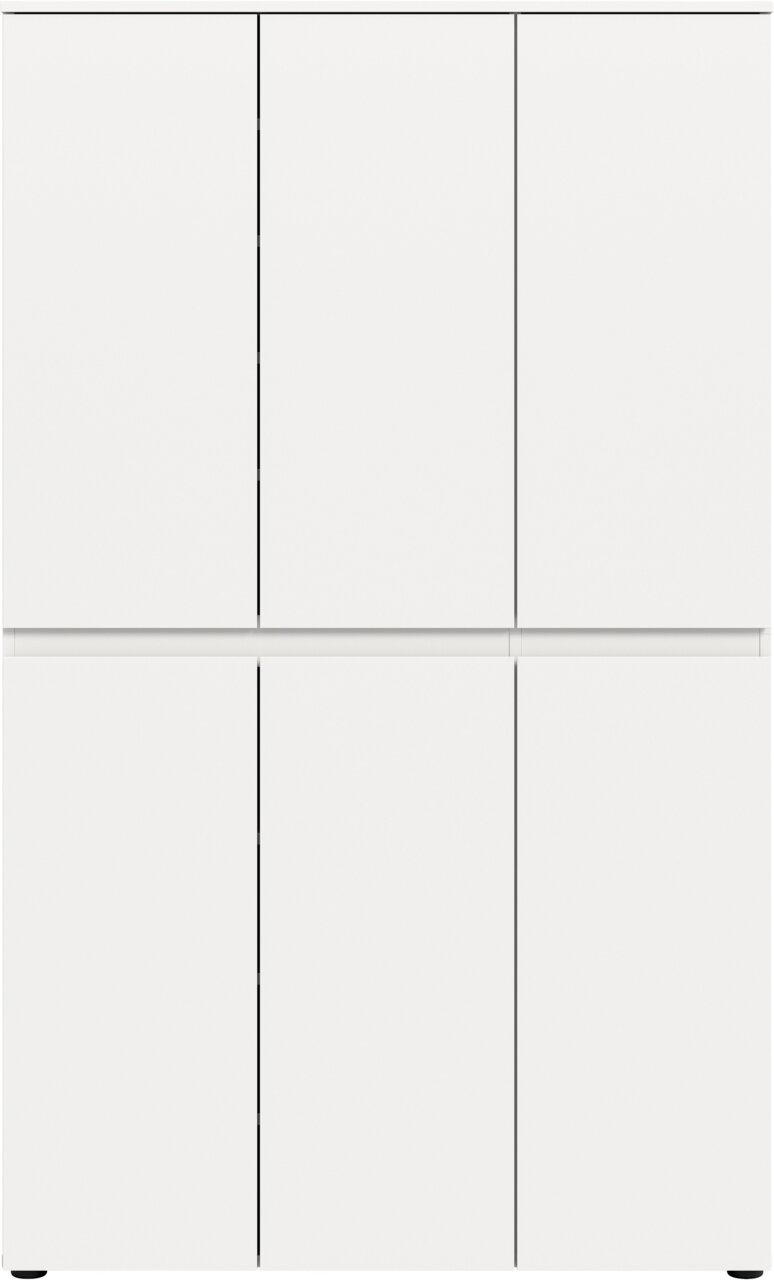 Weißer, minimalistischer Schrank mit sechs glatten Türen ohne Griffe, frontale Ansicht.