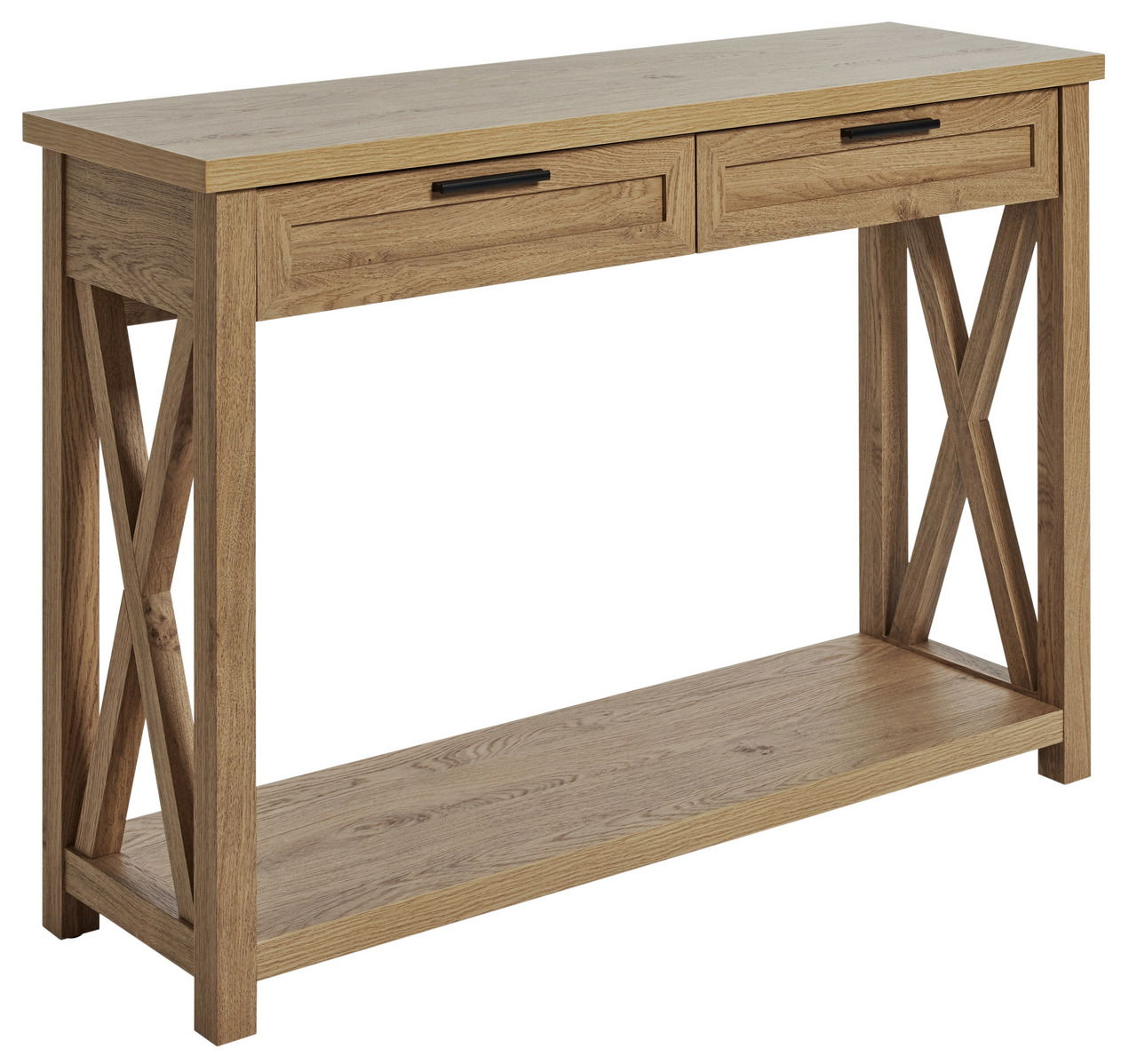 Holzkonsole mit zwei Schubladen und X-förmigen Seitenteilen, seitliche Perspektive