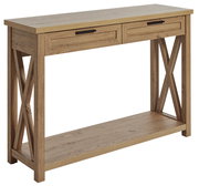 Holzkonsole mit zwei Schubladen und X-förmigen Seitenteilen, seitliche Perspektive