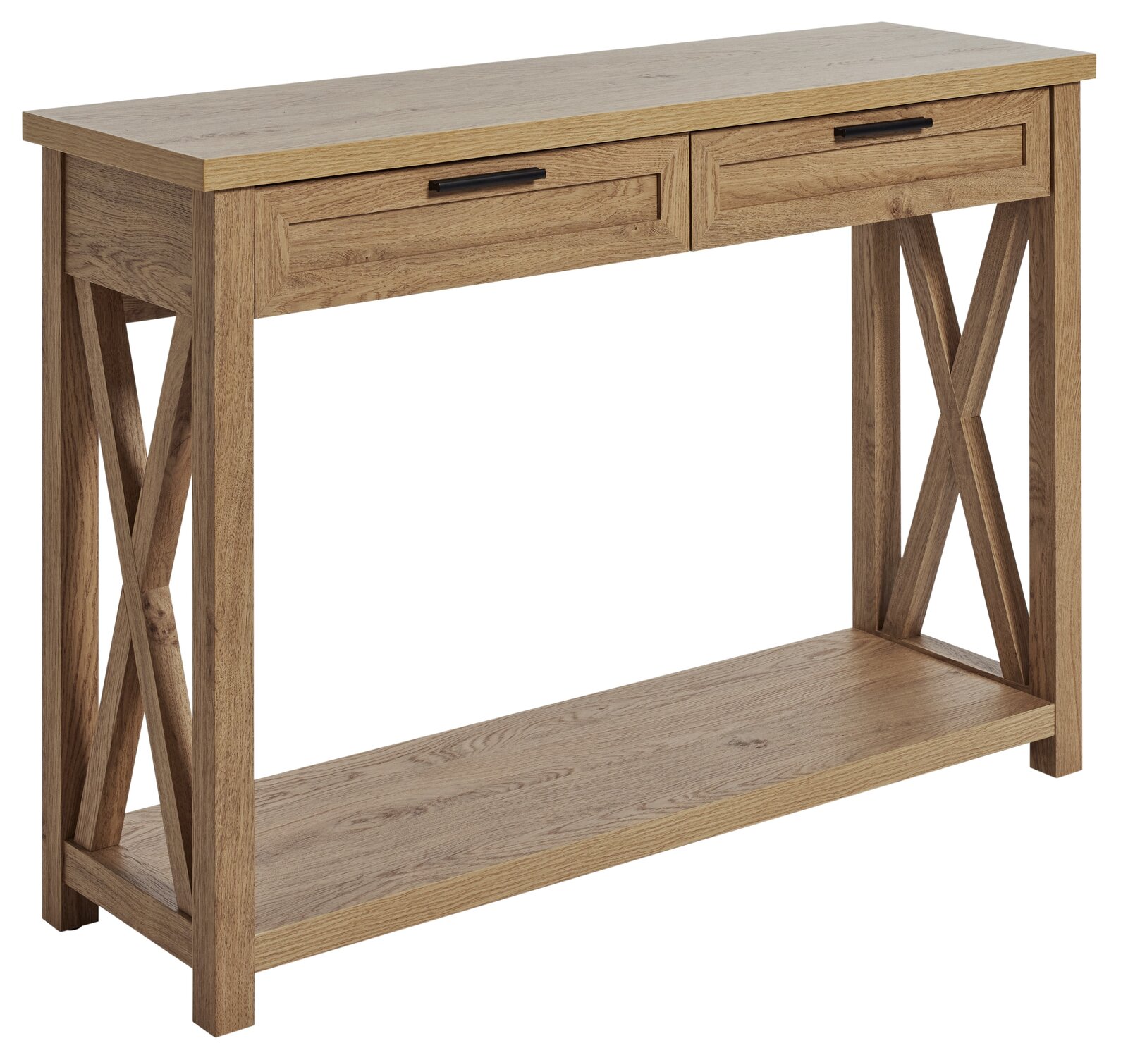 Holzkonsole mit zwei Schubladen und X-förmigen Seitenteilen, seitliche Perspektive