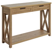 Holzkonsole mit zwei Schubladen und X-förmigen Seitenteilen, seitliche Perspektive