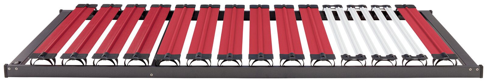 Fiberglasrahmen 90 x 200 cm, Ansicht von oben, mit roten und weißen Latten