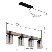 Hängeleuchte mit vier Glaskolben, Holzleiste und schwarzer Aufhängung, seitliche Perspektive