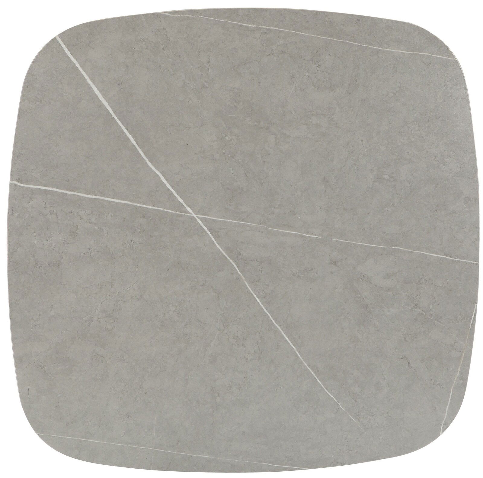 Draufsicht auf eine quadratische Tischplatte aus grauem Marmor mit feinen weißen Adern.