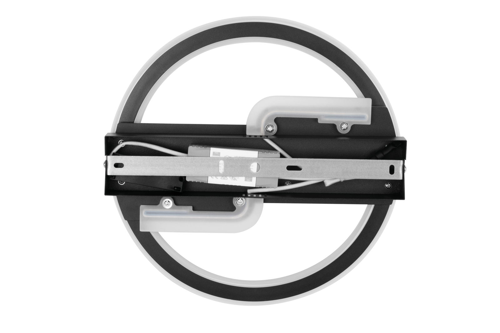 Rückansicht einer runden LED-Deckenleuchte mit schwarzem Rahmen und sichtbaren Kabeln und Befestigungselementen.