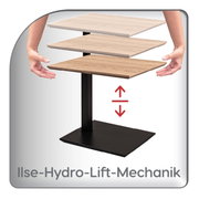 Beistelltisch mit Ilse-Hydro-Lift-Mechanik, höhenverstellbar, seitliche Perspektive