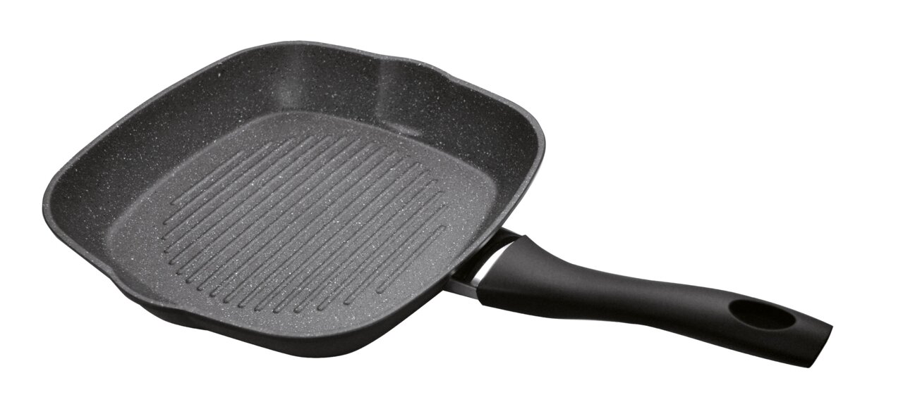 Schwarze Grillpfanne 26x26 cm mit geriffelter Oberfläche und ergonomischem Griff, seitliche Perspektive