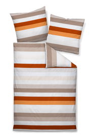 Bettwäsche-Set mit Streifenmuster in Beige, Weiß, Orange und Rot, aus der Vogelperspektive fotografiert.
