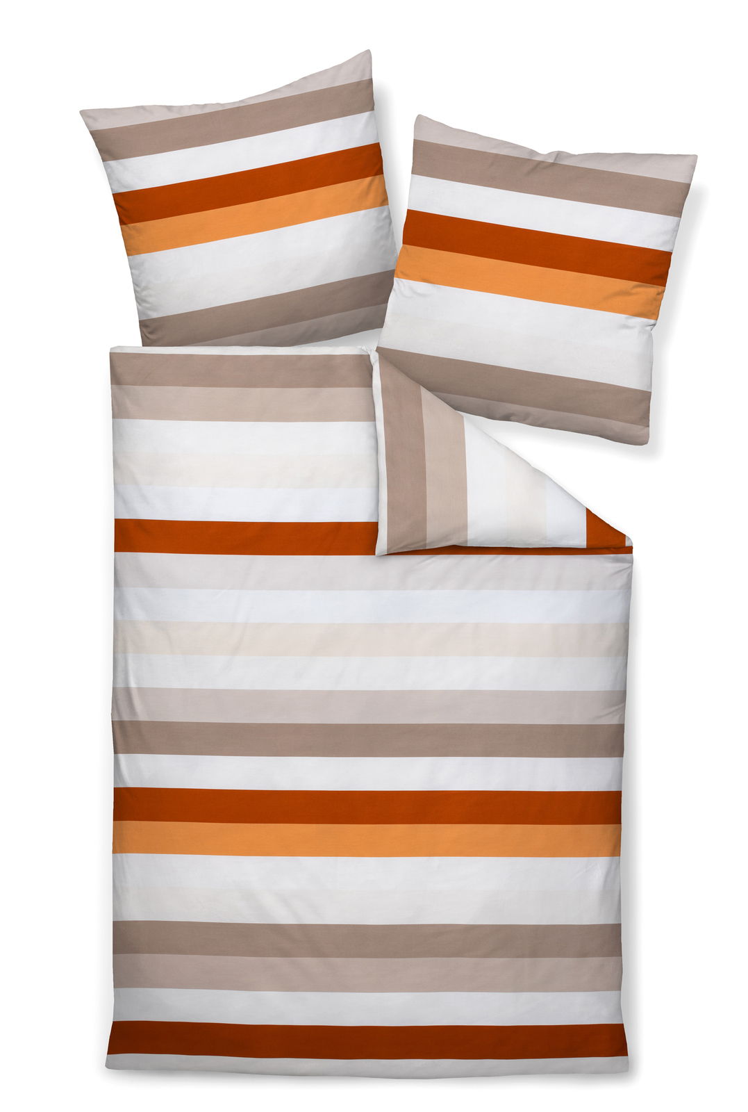 Bettwäsche-Set mit Streifenmuster in Beige, Weiß, Orange und Rot, aus der Vogelperspektive fotografiert.