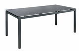 Moderner rechteckiger Gartentisch aus Metall mit dunkler Tischplatte, seitliche Perspektive