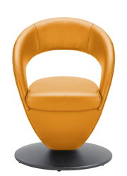 Moderner, senfgelber Sessel mit runder Rückenlehne und schwarzem Sockel, Frontalansicht