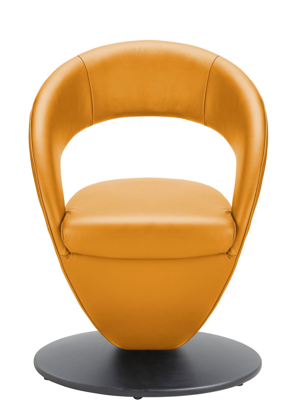 Moderner, senfgelber Sessel mit runder Rückenlehne und schwarzem Sockel, Frontalansicht