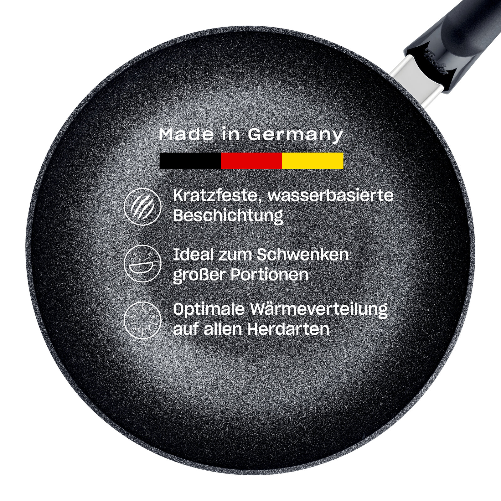 Wokpfanne Adamant 28cm von oben, kratzfeste, wasserbasierte Beschichtung, ideal zum Schwenken großer Portionen, optimale Wärmeverteilung auf allen Herdarten, Made in Germany.