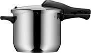 Schnellkochtopf Perfect 6,5L aus Edelstahl, seitliche Ansicht mit geschlossenem Deckel und schwarzem Griff