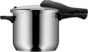 Schnellkochtopf Perfect 6,5L aus Edelstahl, seitliche Ansicht mit geschlossenem Deckel und schwarzem Griff
