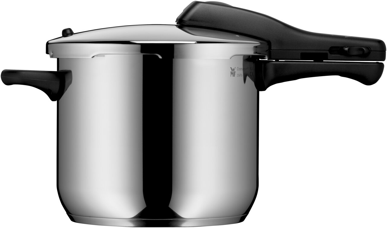 Schnellkochtopf Perfect 6,5L aus Edelstahl, seitliche Ansicht mit geschlossenem Deckel und schwarzem Griff